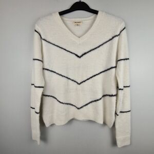 Rag Poets‎ Striped Pullover Sweater Small V-Neck Ivory Cozy Soft Knit Academia